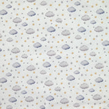 Piqué de coton imprimé nuage et étoile jaune, gris et bleu