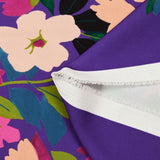 Satin polyester mat imprimé fleurs champêtre rose fond violet
