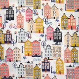 Coton imprimé ambiance de village fond blanc