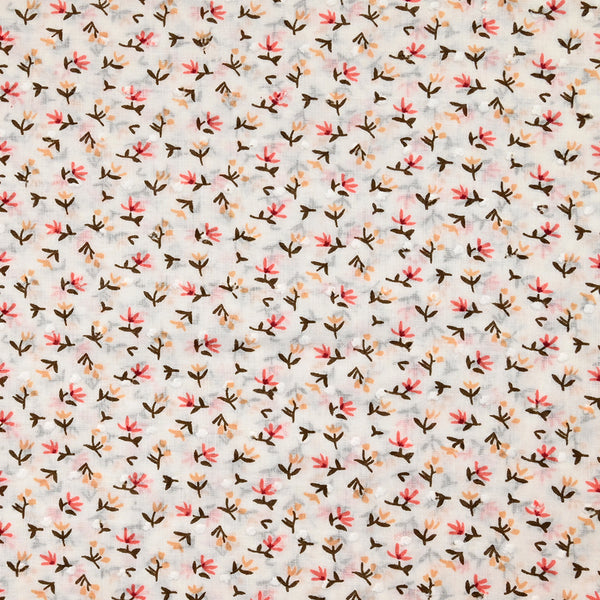 Voile de coton imprimé plumetis petites fleurs beige et rose