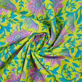 Coton indien imprimé Parvati turquoise et rose fond jaune