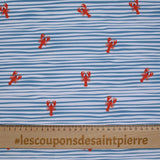 Recycled swimsuit fabric upf50 striped and lobster blue and white background