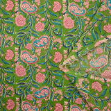 Coton indien imprimé Shiva rose et bleu turquoise fond vert pomme