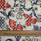 Dentelle imprimée polyester fleurs rouge fond blanc cassé