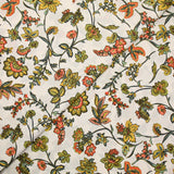 Cotton poplin digitally printed with coral and olive Indian flowers on an ecru background