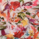 Mousseline printed crinkle plumetis multicolored flowers white background