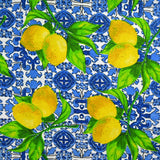 Polycoton imprimé citrons et Azulejos fond blanc