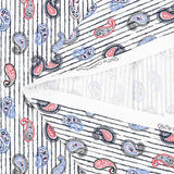 Coton imprimé cachemire bleu barbeau et rouge fond rayé bleu marine