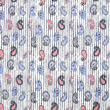 Coton imprimé cachemire bleu barbeau et rouge fond rayé bleu marine