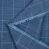 Woven cotton dyed white line check mottled blue background