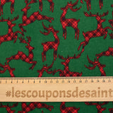 Flanelle de coton imprimée cerfs tartan rouge fond vert gazon