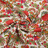 Popeline de coton imprimée floral exotique rouge et vert fond blanc