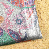 Jersey lamé argent imprimé psychédélique multicolore