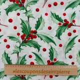 Polycoton imprimé Noël houx vert et boule rouge