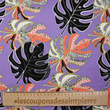 Lin viscose printed rain of monsteras purple background