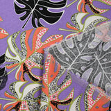Lin viscose printed rain of monsteras purple background