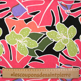Lino impresa viscosa jardín tropical rosa corail fondo negro