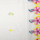 Scalloped embroidered cotton veil Perla duck, green and fuchsia off-white background