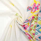 Scalloped embroidered cotton veil Perla duck, green and fuchsia off-white background