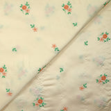 Polyester satin embroidered peach flowers ivory background