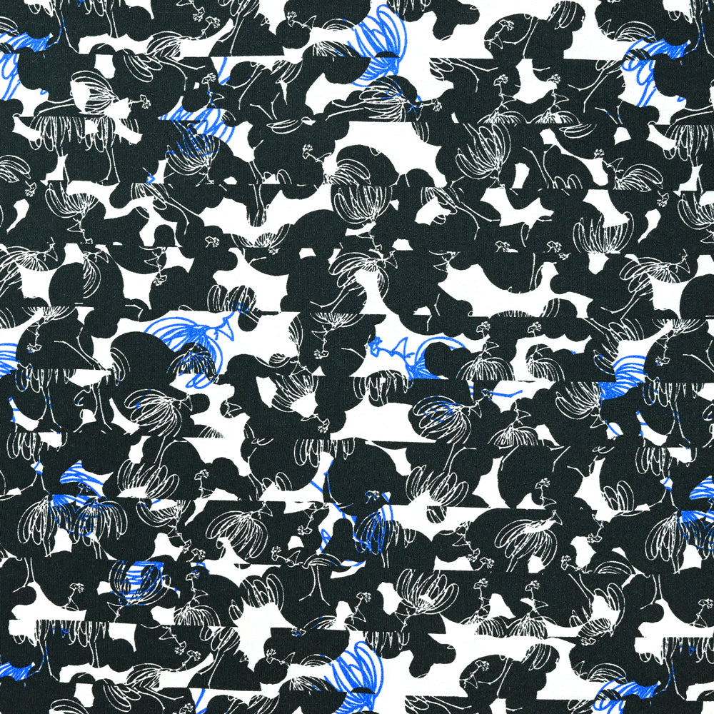 Crêpe viscose imprimé esquisse de fleurs noir et bleu