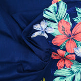 Lin viscose imprimé fleurs en base fond marine