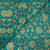 Velours ras imprimé fleurs block print fond turquoise