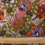 Twill de viscose imprimé fleurs paisley orange et violet fond kaki