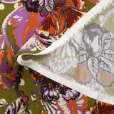 Twill de viscose imprimé fleurs paisley orange et violet fond kaki