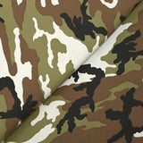 Satin de coton élasthanne camouflage olive et taupe fond blanc