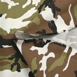 Satin de coton élasthanne camouflage olive et taupe fond blanc