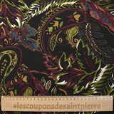 Twill de viscose imprimé cachemire lie de vin, kaki et ocre fond noir