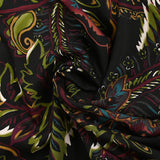 Twill de viscose imprimé cachemire lie de vin, kaki et ocre fond noir