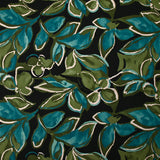 Twill de viscose imprimé nature en peinture turquoise et kaki fond noir