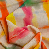 Viscose linen printed with rainbow grid on ecru background