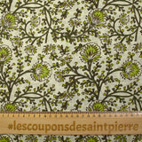 Coton indien imprimé liane de fleurs anis fond beige crème