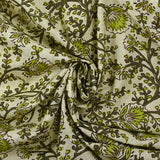 Coton indien imprimé liane de fleurs anis fond beige crème