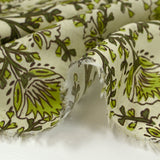 Coton indien imprimé liane de fleurs anis fond beige crème