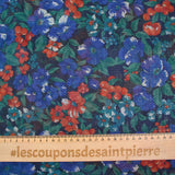 Maille polyester lamée fleurs bleu et rouge fond marine