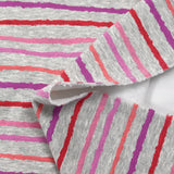 Red, pink and purple striped cuddly sweatshirt with heather gray background