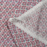 Mousseline texturée imprimée médaillons fleuris violine et turquoise fond blanc
