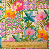 Mousseline crinkle imprimée jardin en fleurs orange et violet fond écru
