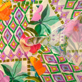 Mousseline crinkle imprimée jardin en fleurs orange et violet fond écru