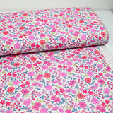 Printed cotton vittoria pink flowers vintage white background broken per meter