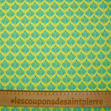 Popeline enduite imprimée végétal turquoise fond citron
