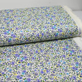 Cotton printed Giorgia purple flowers and blue background ecru per meter
