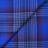 Red and beige checked wool, blue background