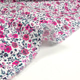 Anna pink flowers printed cotton and fuchsia white background per meter