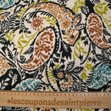 Satin de viscose imprimé cachemire flou turquoise et anis fond écru