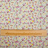 Coton imprimé Anna fleurs violet et jaune fond blanc au mètre